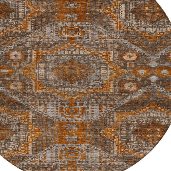 HomeRoots 8' Moroccan Round Rug in Copper Brown & Gray - Washable, Stain-Resistant for Indoor/Outdoor Spaces 626166
