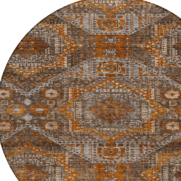 HomeRoots 8' Moroccan Round Rug in Copper Brown & Gray - Washable, Stain-Resistant for Indoor/Outdoor Spaces 626166