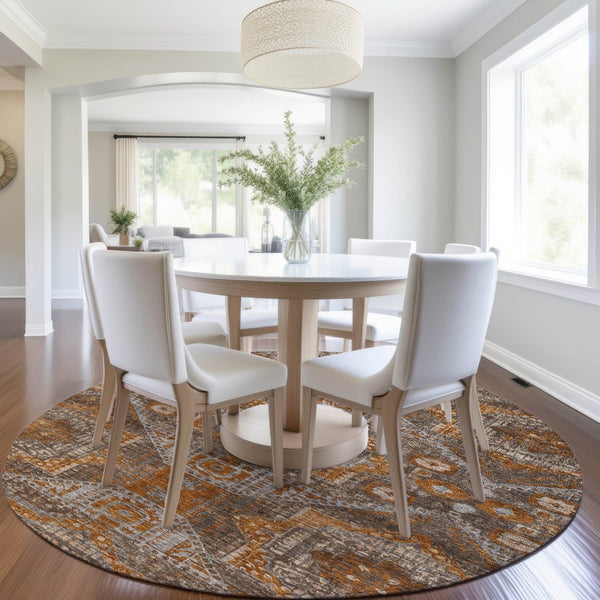HomeRoots 8' Moroccan Round Rug in Copper Brown & Gray - Washable, Stain-Resistant for Indoor/Outdoor Spaces 626166