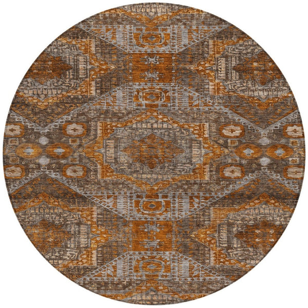 HomeRoots 8' Moroccan Round Rug in Copper Brown & Gray - Washable, Stain-Resistant for Indoor/Outdoor Spaces 626166