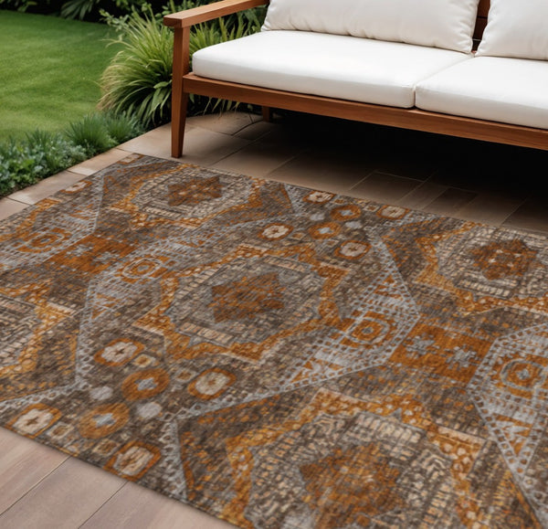 HomeRoots 10' Moroccan-Inspired Washable Area Rug in Copper Brown & Gray for Indoor & Outdoor Use 626169