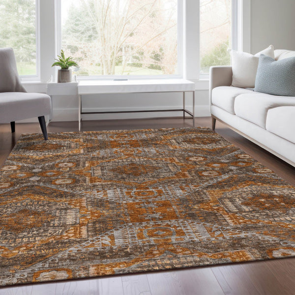 HomeRoots 10' Moroccan-Inspired Washable Area Rug in Copper Brown & Gray for Indoor & Outdoor Use 626169