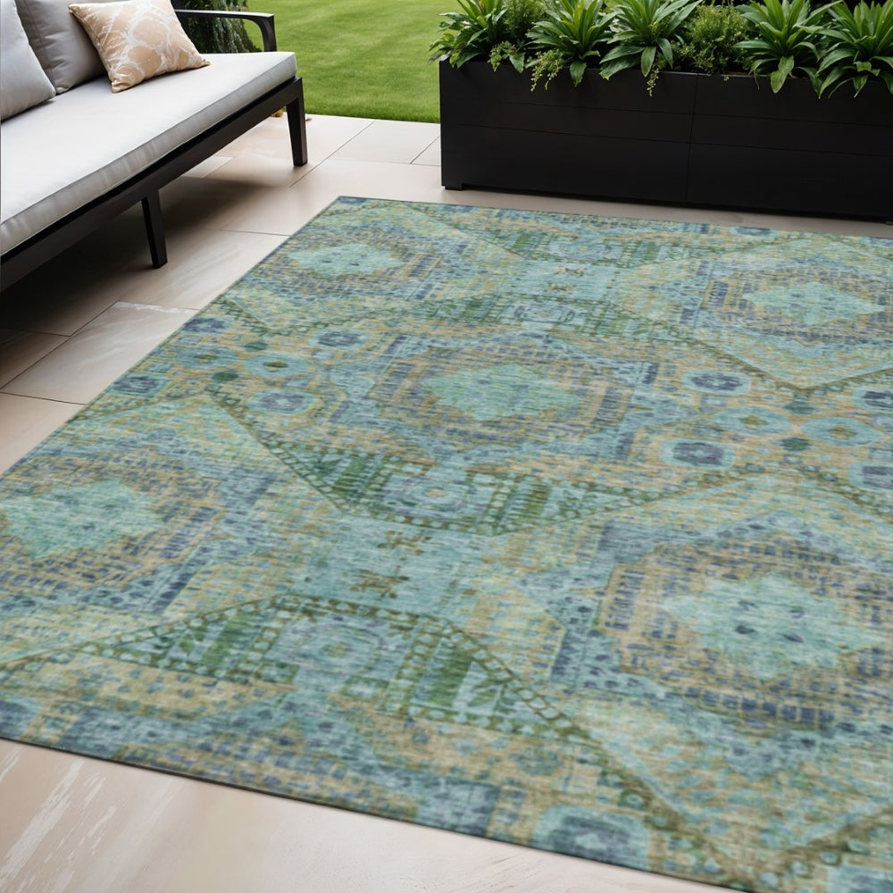 HomeRoots 5' X 8' Moroccan Area Rug - Green & Pale Aqua, Washable, Stylish, Durable for Indoor/Outdoor Use 626171