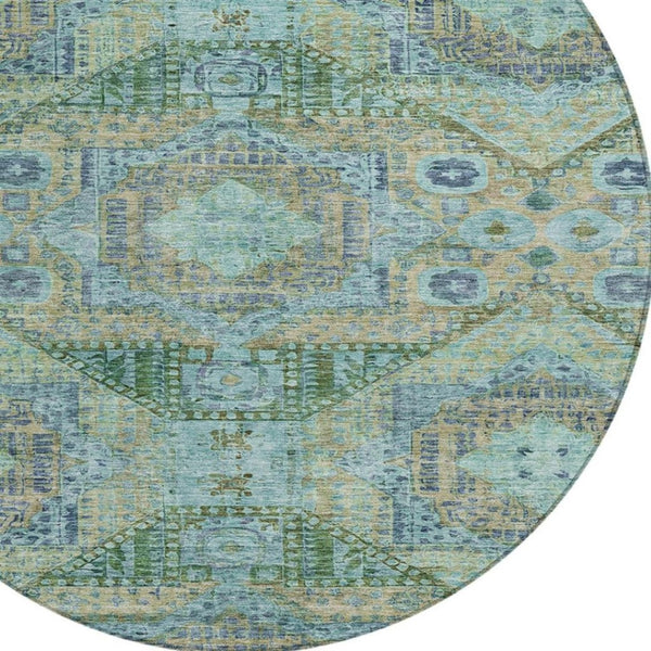 HomeRoots 8' Green and Pale Aqua Round Moroccan Area Rug - Durable, Washable, Chic Design for Indoor/Outdoor Use 626172