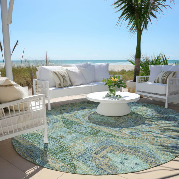 HomeRoots 8' Green and Pale Aqua Round Moroccan Area Rug - Durable, Washable, Chic Design for Indoor/Outdoor Use 626172