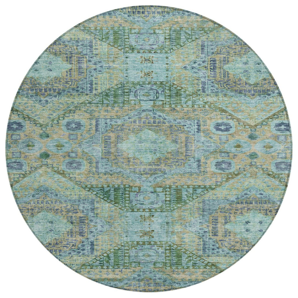 HomeRoots 8' Green and Pale Aqua Round Moroccan Area Rug - Durable, Washable, Chic Design for Indoor/Outdoor Use 626172