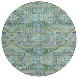 HomeRoots 8' Green and Pale Aqua Round Moroccan Area Rug - Durable, Washable, Chic Design for Indoor/Outdoor Use 626172