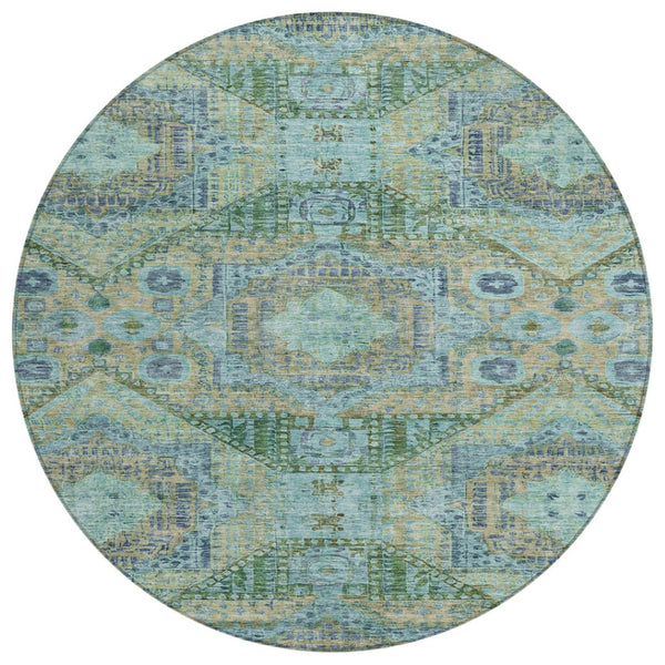 HomeRoots 8' Green and Pale Aqua Round Moroccan Area Rug - Durable, Washable, Chic Design for Indoor/Outdoor Use 626172