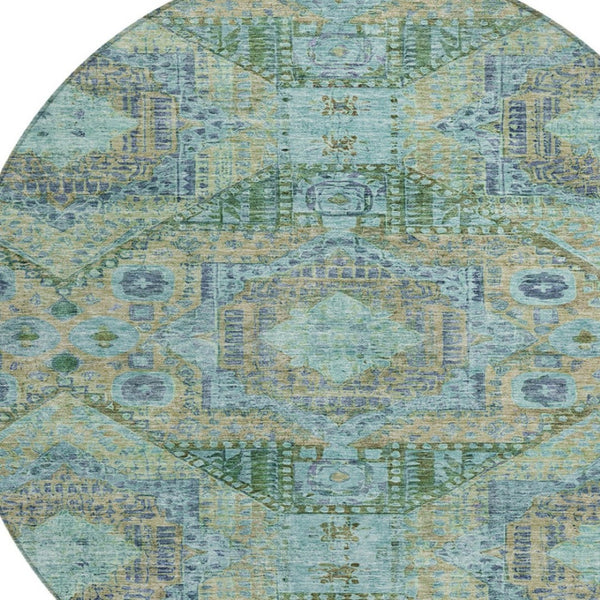 HomeRoots 8' Green and Pale Aqua Round Moroccan Area Rug - Durable, Washable, Chic Design for Indoor/Outdoor Use 626172