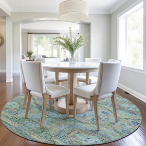 HomeRoots 8' Green and Pale Aqua Round Moroccan Area Rug - Durable, Washable, Chic Design for Indoor/Outdoor Use 626172