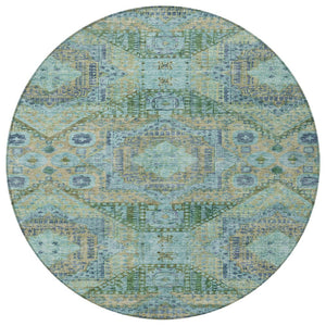 HomeRoots 8' Green and Pale Aqua Round Moroccan Area Rug - Durable, Washable, Chic Design for Indoor/Outdoor Use 626172