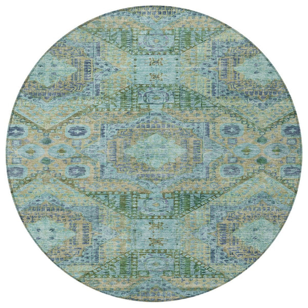 HomeRoots 8' Green and Pale Aqua Round Moroccan Area Rug - Durable, Washable, Chic Design for Indoor/Outdoor Use 626172