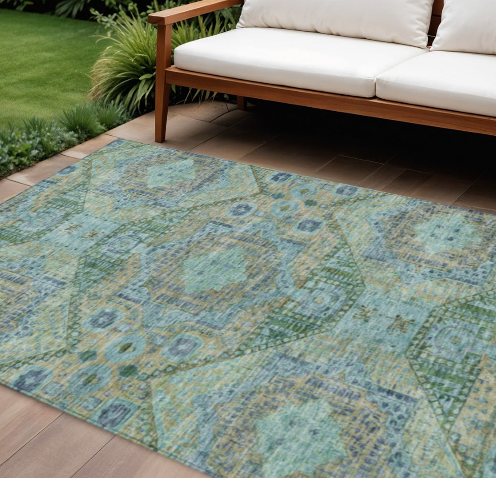 HomeRoots 9' X 12' Moroccan Washable Area Rug in Green & Pale Aqua – Stylish, Stain-Resistant for Indoor/Outdoor Use 626174