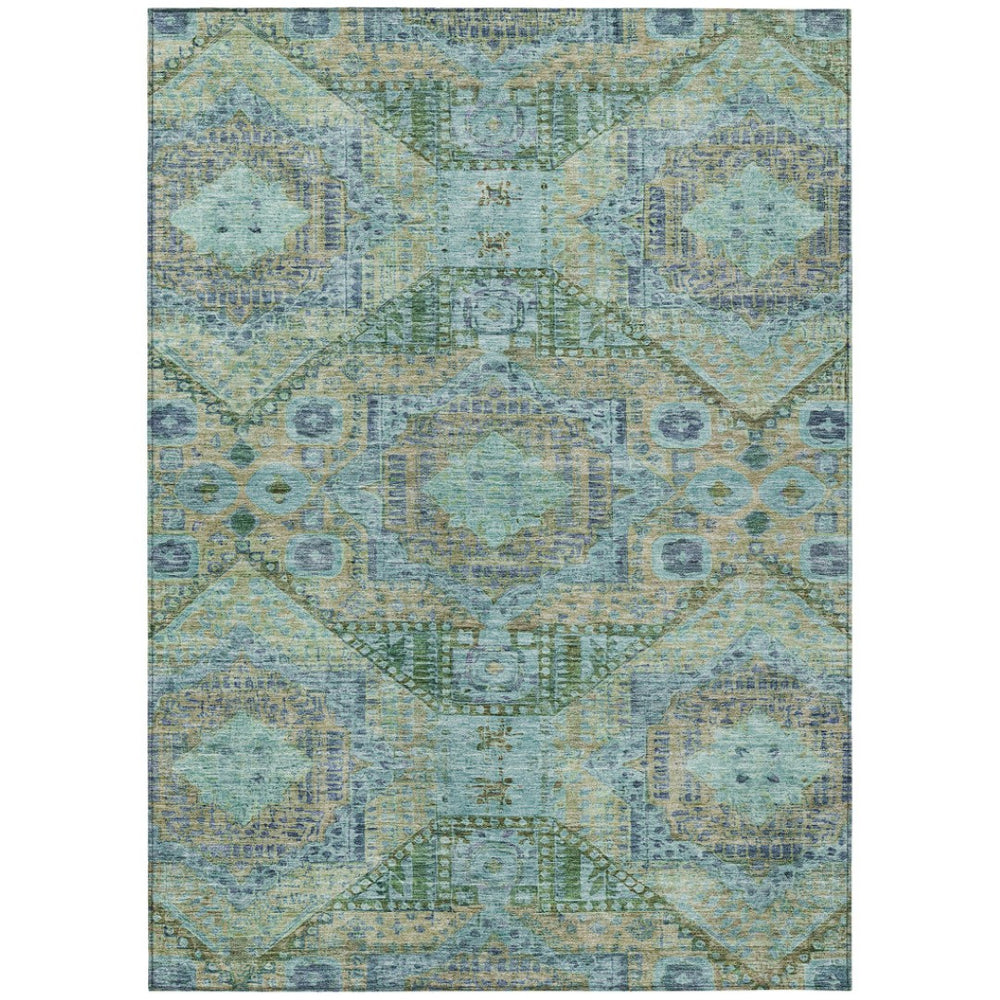 HomeRoots 10' X 14' Moroccan-Inspired Washable Area Rug in Green and Aqua – Perfect for Indoor & Outdoor Spaces! 626175