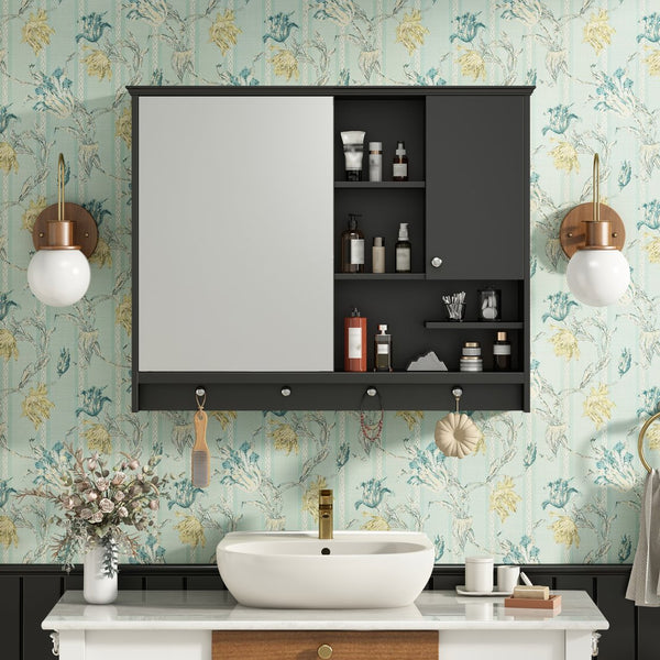 English Elm 36 Inch Wall Mounted Medicine Cabinet with HD Mirror, Adjustable Shelves, Towel Hooks, Modern Style Black N710P254924B