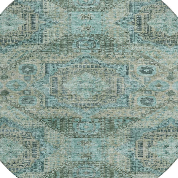HomeRoots 8' Sage and Teal Round Moroccan Area Rug - Stylish Washable Design for Indoor & Outdoor Spaces 626184