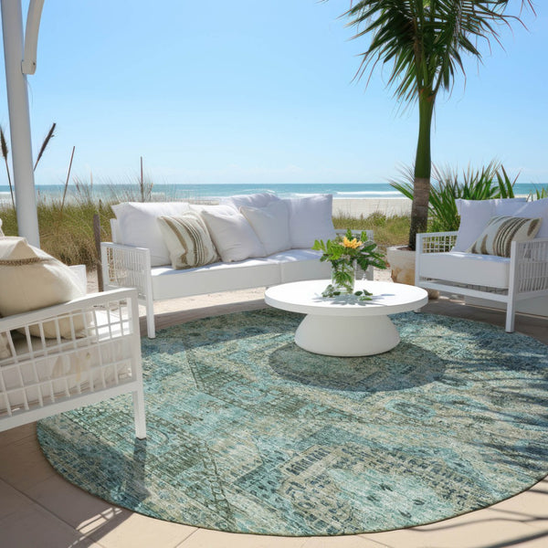HomeRoots 8' Sage and Teal Round Moroccan Area Rug - Stylish Washable Design for Indoor & Outdoor Spaces 626184