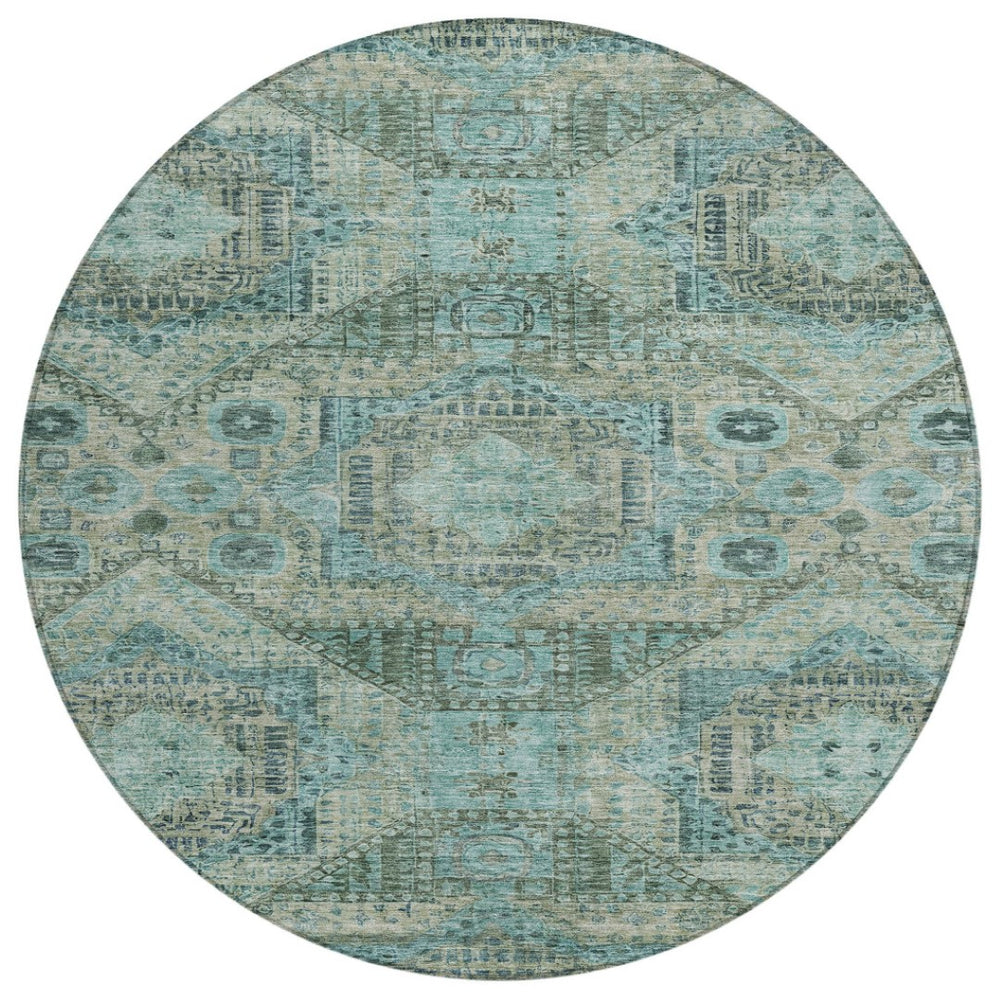 HomeRoots 8' Sage and Teal Round Moroccan Area Rug - Stylish Washable Design for Indoor & Outdoor Spaces 626184