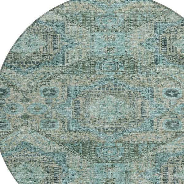 HomeRoots 8' Sage and Teal Round Moroccan Area Rug - Stylish Washable Design for Indoor & Outdoor Spaces 626184