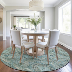 HomeRoots 8' Sage and Teal Round Moroccan Area Rug - Stylish Washable Design for Indoor & Outdoor Spaces 626184