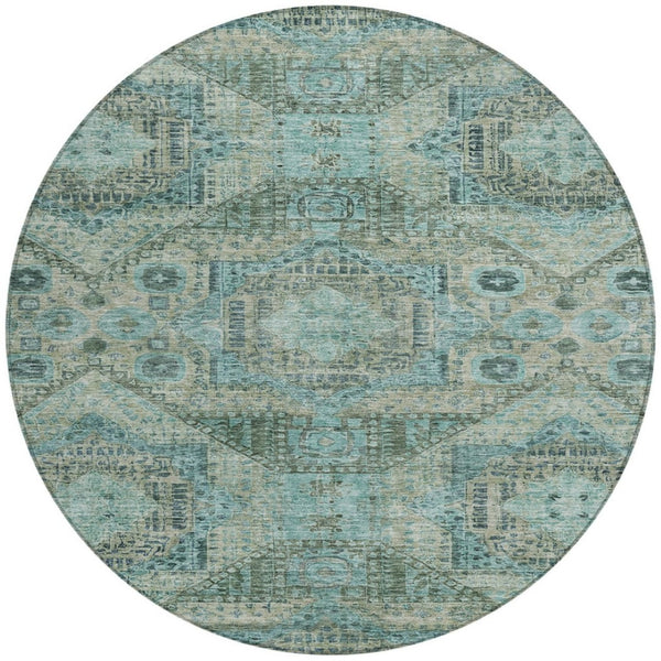 HomeRoots 8' Sage and Teal Round Moroccan Area Rug - Stylish Washable Design for Indoor & Outdoor Spaces 626184