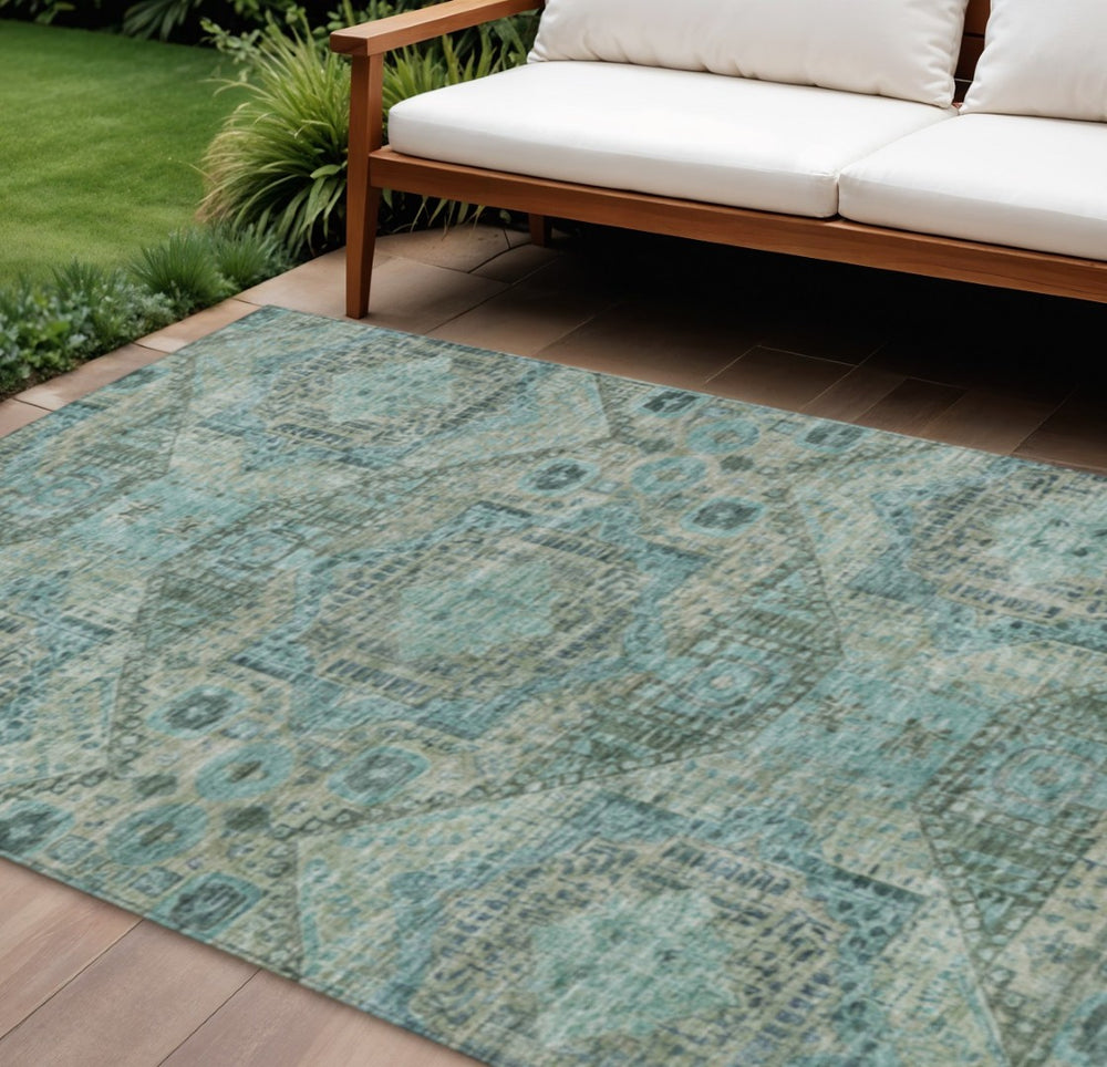 HomeRoots 8' X 10' Sage and Teal Moroccan Area Rug - Washable, Durable, Stylish for Indoor & Outdoor Spaces 626185
