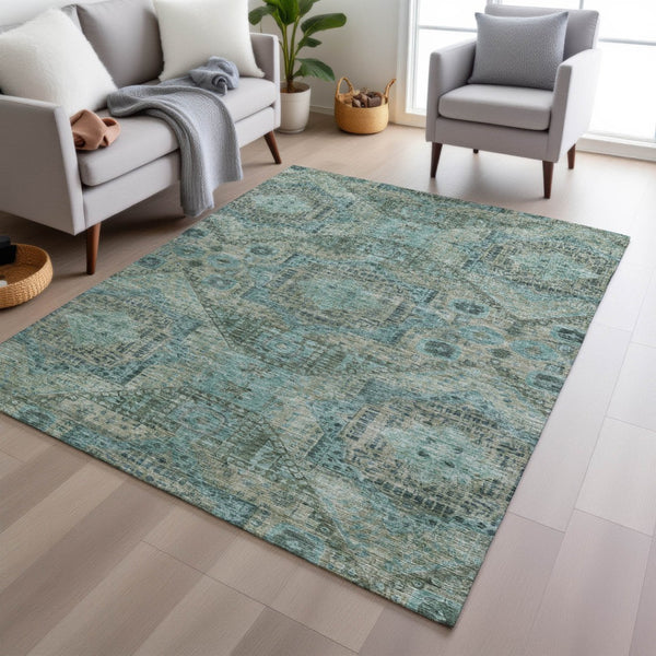 HomeRoots 8' X 10' Sage and Teal Moroccan Area Rug - Washable, Durable, Stylish for Indoor & Outdoor Spaces 626185