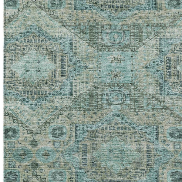HomeRoots 10' X 14' Sage and Teal Moroccan Area Rug - Durable, Washable Design for Indoor/Outdoor Elegance 626187