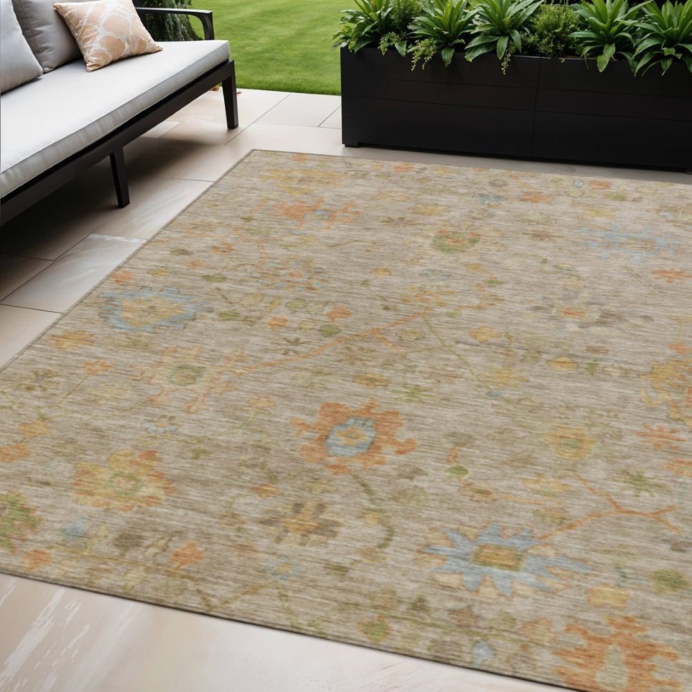 HomeRoots 5' Beige and Orange Floral Area Rug - Washable, Durable Design for Indoor/Outdoor Spaces, 5x8 ft 626189