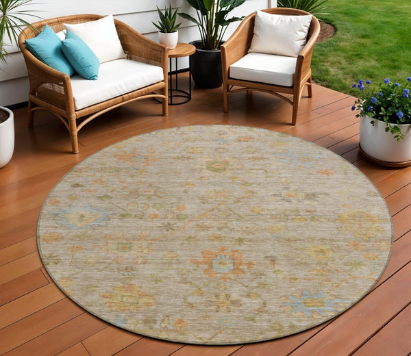 HomeRoots 8' Round Floral Area Rug in Beige and Orange - Washable, Durable, Ideal for Indoor & Outdoor Spaces 626190