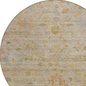 HomeRoots 8' Round Floral Area Rug in Beige and Orange - Washable, Durable, Ideal for Indoor & Outdoor Spaces 626190