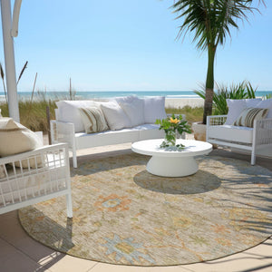 HomeRoots 8' Round Floral Area Rug in Beige and Orange - Washable, Durable, Ideal for Indoor & Outdoor Spaces 626190