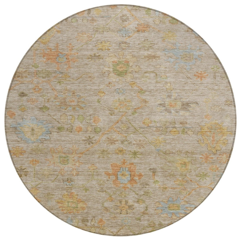 HomeRoots 8' Round Floral Area Rug in Beige and Orange - Washable, Durable, Ideal for Indoor & Outdoor Spaces 626190