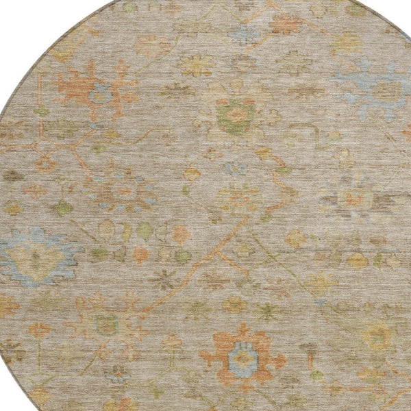 HomeRoots 8' Round Floral Area Rug in Beige and Orange - Washable, Durable, Ideal for Indoor & Outdoor Spaces 626190