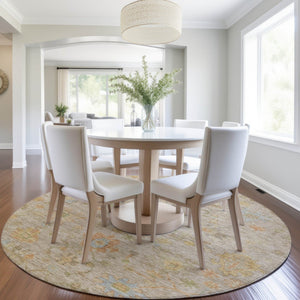HomeRoots 8' Round Floral Area Rug in Beige and Orange - Washable, Durable, Ideal for Indoor & Outdoor Spaces 626190