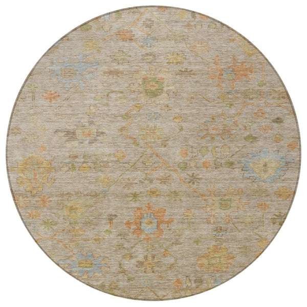 HomeRoots 8' Round Floral Area Rug in Beige and Orange - Washable, Durable, Ideal for Indoor & Outdoor Spaces 626190