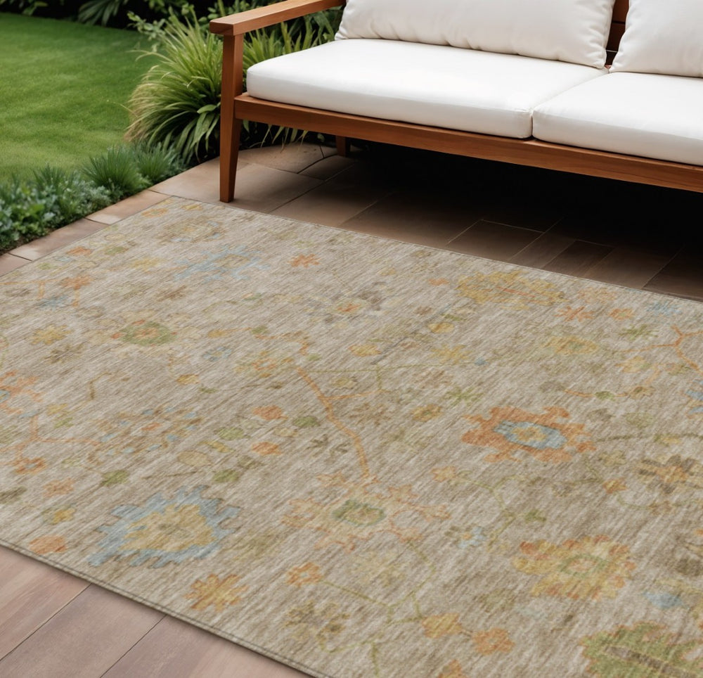 HomeRoots 8' X 10' Beige and Orange Floral Area Rug - Versatile, Washable, Stain-Resistant for Indoor/Outdoor Use 626191