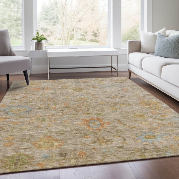 HomeRoots 8' X 10' Beige and Orange Floral Area Rug - Versatile, Washable, Stain-Resistant for Indoor/Outdoor Use 626191