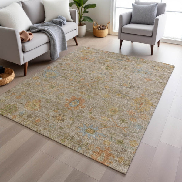 HomeRoots 9' X 12' Beige and Orange Floral Washable Area Rug – Stain-Resistant, Durable, Chic for Indoors & Outdoors 626192