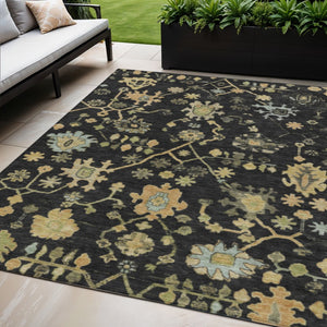 HomeRoots 5' Black and Gold Floral Area Rug - Elegant Washable Indoor/Outdoor Design for Any Space 626195