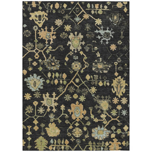 HomeRoots 5' Black and Gold Floral Area Rug - Elegant Washable Indoor/Outdoor Design for Any Space 626195