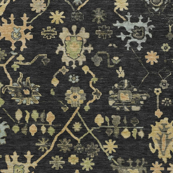 HomeRoots 5' Black and Gold Floral Area Rug - Elegant Washable Indoor/Outdoor Design for Any Space 626195