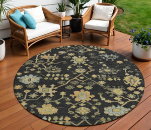 HomeRoots 8' Black and Gold Round Floral Rug - Durable, Stain Resistant, Machine Washable for Indoor & Outdoor Use 626196