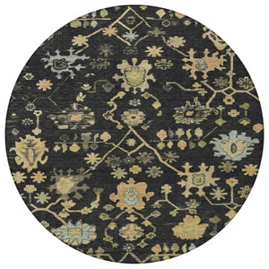 HomeRoots 8' Black and Gold Round Floral Rug - Durable, Stain Resistant, Machine Washable for Indoor & Outdoor Use 626196