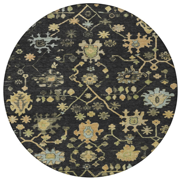 HomeRoots 8' Black and Gold Round Floral Rug - Durable, Stain Resistant, Machine Washable for Indoor & Outdoor Use 626196