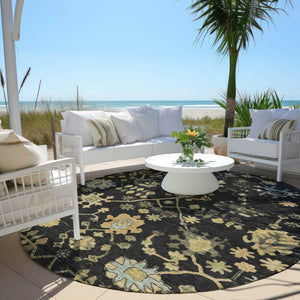 HomeRoots 8' Black and Gold Round Floral Rug - Durable, Stain Resistant, Machine Washable for Indoor & Outdoor Use 626196