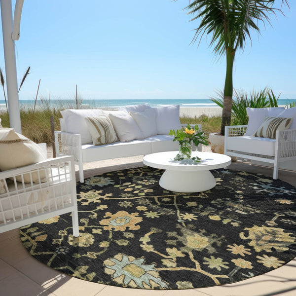 HomeRoots 8' Black and Gold Round Floral Rug - Durable, Stain Resistant, Machine Washable for Indoor & Outdoor Use 626196