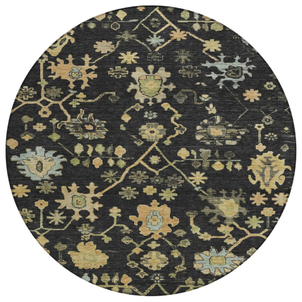HomeRoots 8' Black and Gold Round Floral Rug - Durable, Stain Resistant, Machine Washable for Indoor & Outdoor Use 626196