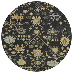 HomeRoots 8' Black and Gold Round Floral Rug - Durable, Stain Resistant, Machine Washable for Indoor & Outdoor Use 626196