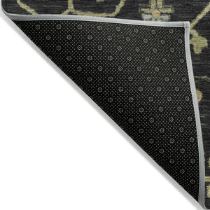 HomeRoots 8' Black and Gold Round Floral Rug - Durable, Stain Resistant, Machine Washable for Indoor & Outdoor Use 626196